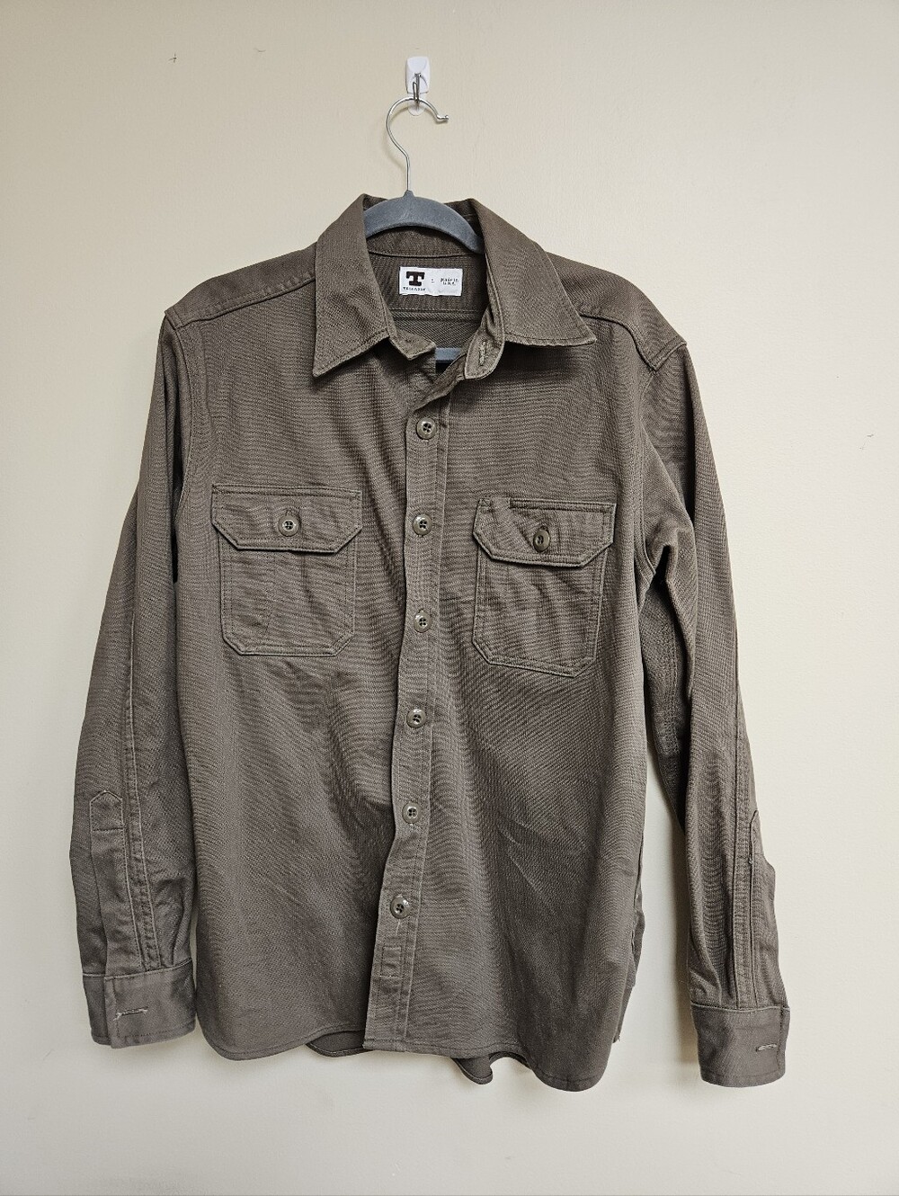 Tellason Olive Drab Flap Pockets Long Sleeve Button Up Denim Work Shirt Size L